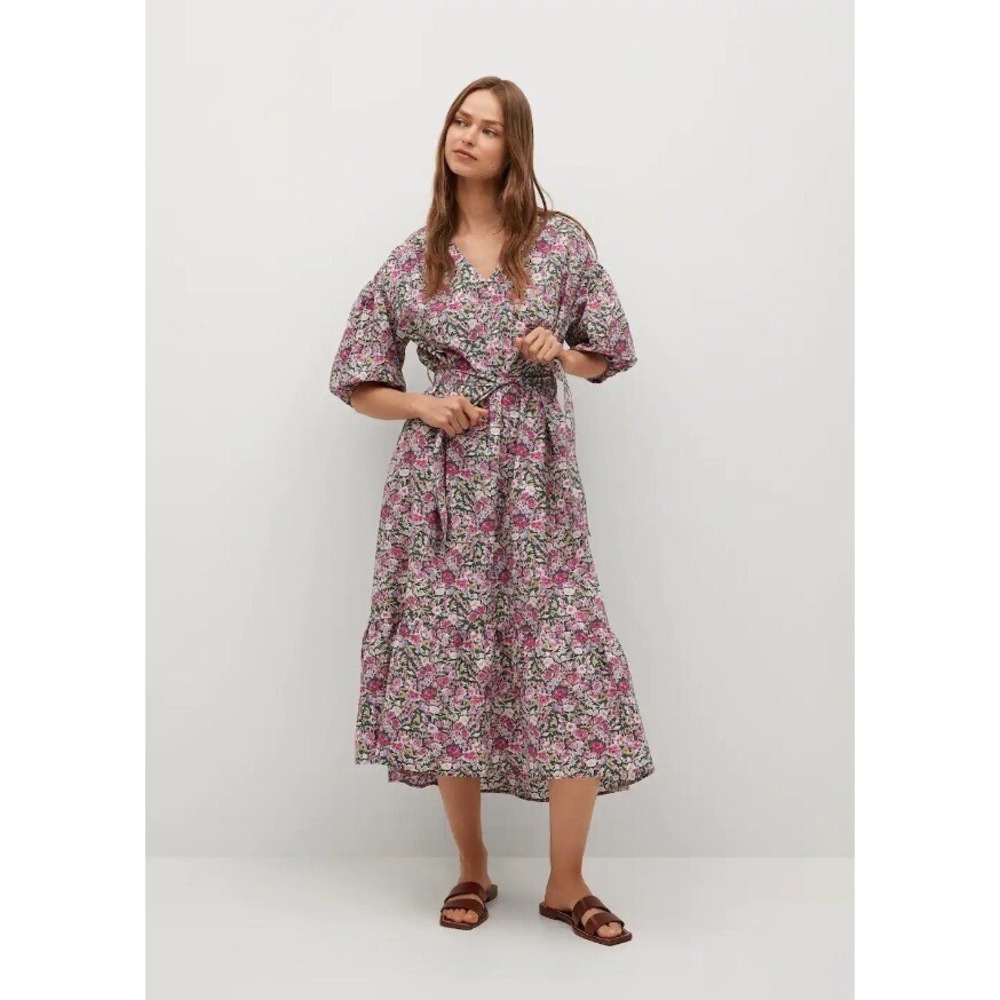 MNG By Mango Linda Dress Midi Pink Floral Puff Sleeve Belted Size‎ 2
